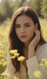 a woman wearing white poses for a photo in a field of flowers