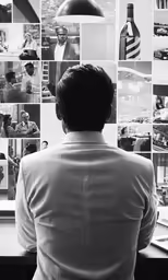 man in suit sitting in front of multiple photos with lamp on
