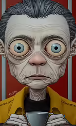 a portrait of a man drinking coffee while wearing glasses