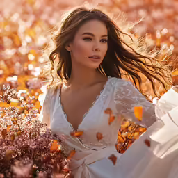 a woman in a field with flowers in her hair