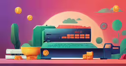 a laptop with different themes and colors on the screen,a colorful image of a computer with coins all over it