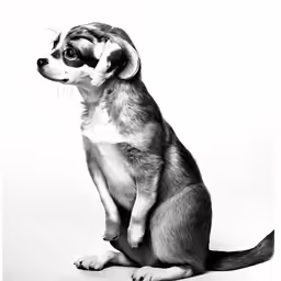 a black and white photo of a small dog sitting