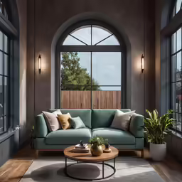 a couch with many pillows and a table near some windows
