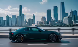 a black sports car on street with city skyline