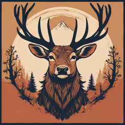 an old fashioned deer with large horns and a mountain in the background,the deer has a mountain in the background