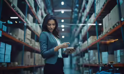 the woman is checking her cell phone in the warehouse