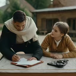 a man and woman signing papers on a table outside