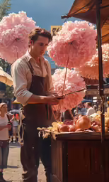 a man selling many large pink fluffy frilly umbrellas