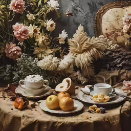 this is a table setting with tea and pastries