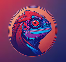 a frog in a colorful headdress is looking to its right,a red colored frog with a red hairdow