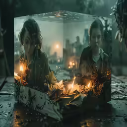 two young girls looking into a glass case with flame
