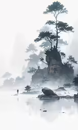 the fog covers the landscape in front of trees