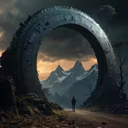 a man stands on a dirt road near a giant tire