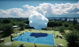 a large cloud above a tennis court