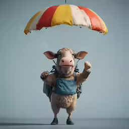 a lamb in overalls holding onto a parachute