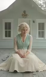 a woman sits on a porch in front of a house