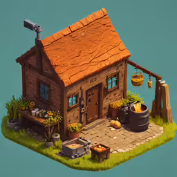a house with a kitchen outside sits on the island,an artistic rendering of a house on a land