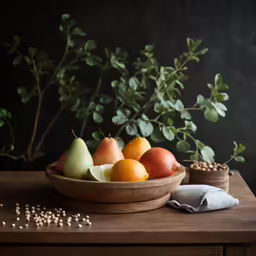 several different fruits and vegetables sitting in front of a plant