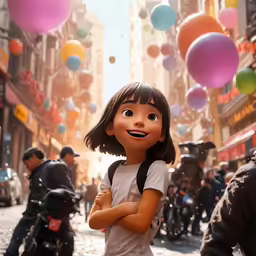 a girl stands in a busy city with balloons above her