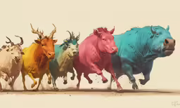 six bulls running in a line with antlers