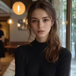 a beautiful young woman in a black shirt and black pants