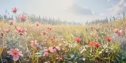 a field with pink flowers in the grass