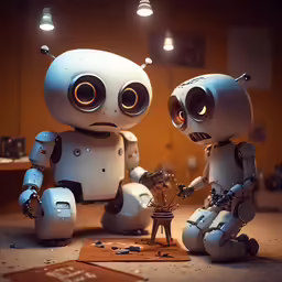 two robot like toys, one is pointing towards another