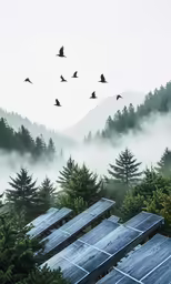 several birds flying over some trees on a foggy day