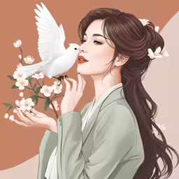 a woman in kimono with white flowers holding a dove