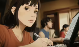 a woman in a brown top typing on a laptop computer