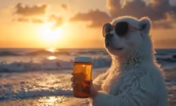 a polar bear with sunglasses holding a cup on a beach