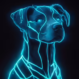a large black and white dog in blue neon lights