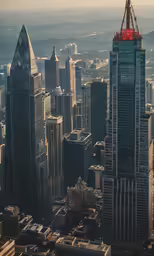 tall buildings in a city skyline with cranes