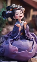 doll in kimono dress laughing with camera and lens