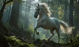 white horse galloping through forest on trail