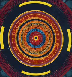 an image of a colorful, circular object in the center,a digital image of a circular object with red and blue circles