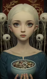 a woman holding a bowl with mushrooms in her hand