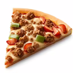 a close up of a slice of pizza with toppings