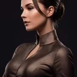 a woman in brown shirt standing next to black background