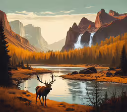 an elk near a river with golden trees in the background,an art work of a deer by a lake surrounded by mountains