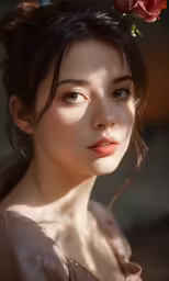 a woman is wearing a flower in her hair
