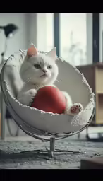 a white cat sitting in a circular chair with an egg inside