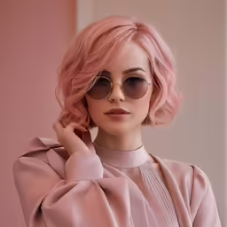 a young woman in sunglasses and pink hair