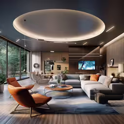 this living room features an overhead round light that matches the furniture,a living room with sofa, chair and a television