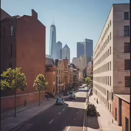 an old city street with cars parked on it