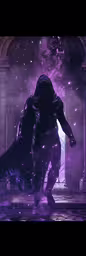 the demonic man is shown in purple light,a dark skinned man in a black hooded suit in a dark background