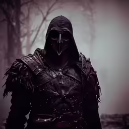 a man in black clothes with a hooded head wearing heavy leather