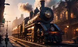 steam locomotive train coming down train tracks at dusk,a train traveling on the tracks near buildings