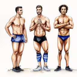 three men in underwear with their arms crossed,three men wearing underwear standing side by side,three muscular guys pose next to each other in underwear,three males in shorts and pads standing up in three different poses,three men are standing up and showing their muscles
