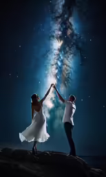 couple holding hands while standing on the edge of rock under night sky